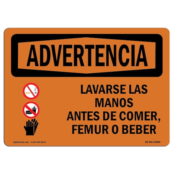 OSHA, Wash Hands Before Eating Drinking Spanish, 24in X 18in Rigid Plastic, 18" W, 24" L, Landscape